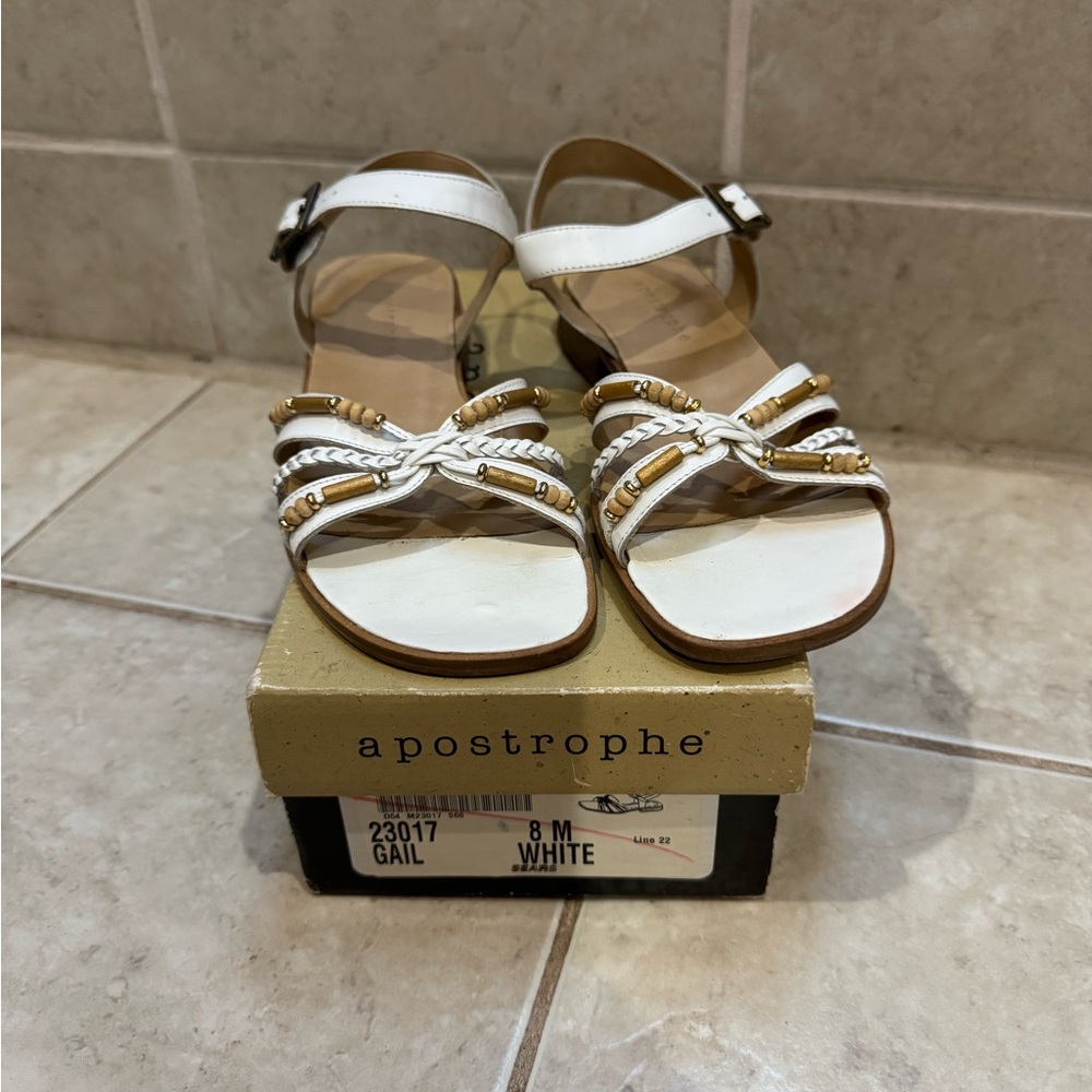 Apostrophe White Sandals with Beaded Accents